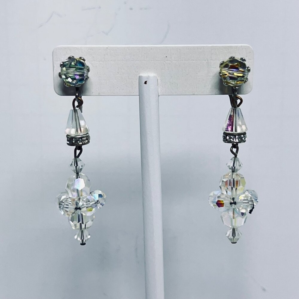 Aurora Borealis Bead Clip On Drop Dangle Earrings W/ Silver Tone Accents (5868)